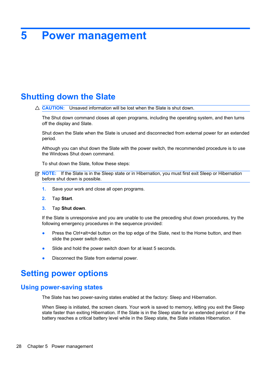Power management, Shutting down the slate, Setting power options | Using power-saving states, 5 power management, Shutting down the slate setting power options, 5power management | HP Slate 500 Tablet PC User Manual | Page 36 / 64