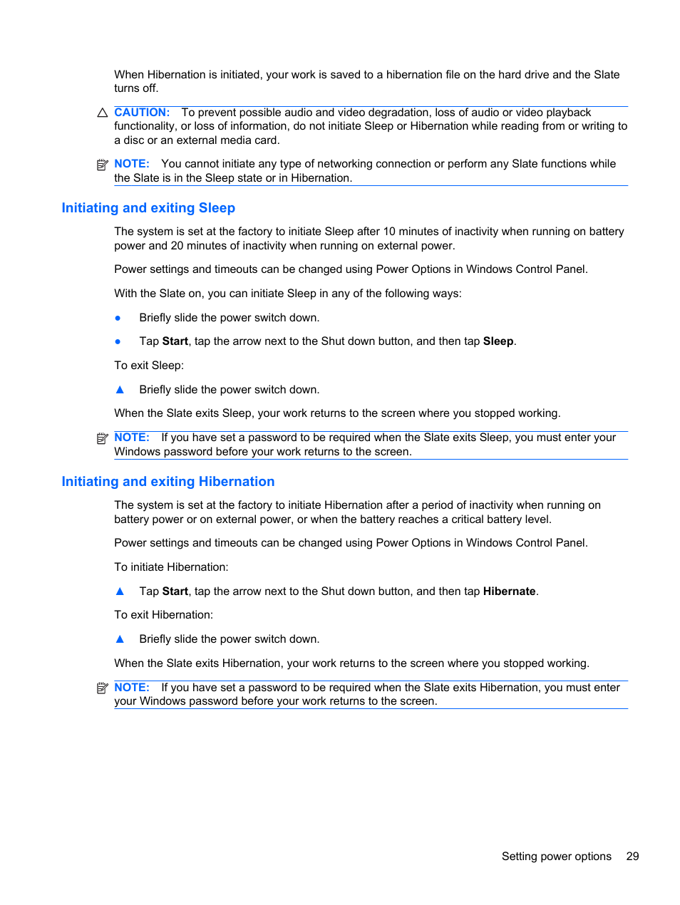 Initiating and exiting sleep, Initiating and exiting hibernation | HP Slate 500 Tablet PC User Manual | Page 37 / 64