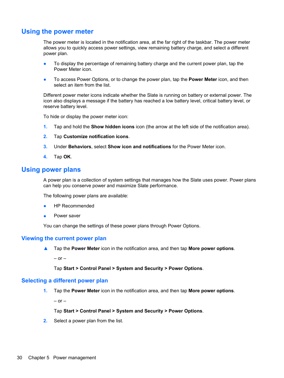 Using the power meter, Using power plans, Viewing the current power plan | Selecting a different power plan, Using the power meter using power plans | HP Slate 500 Tablet PC User Manual | Page 38 / 64