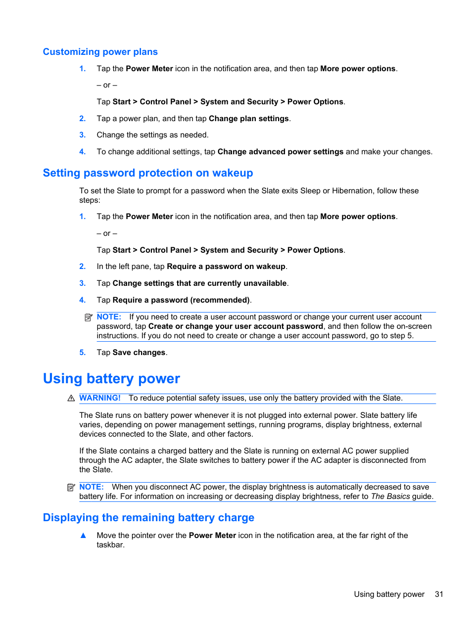 Customizing power plans, Setting password protection on wakeup, Using battery power | Displaying the remaining battery charge | HP Slate 500 Tablet PC User Manual | Page 39 / 64