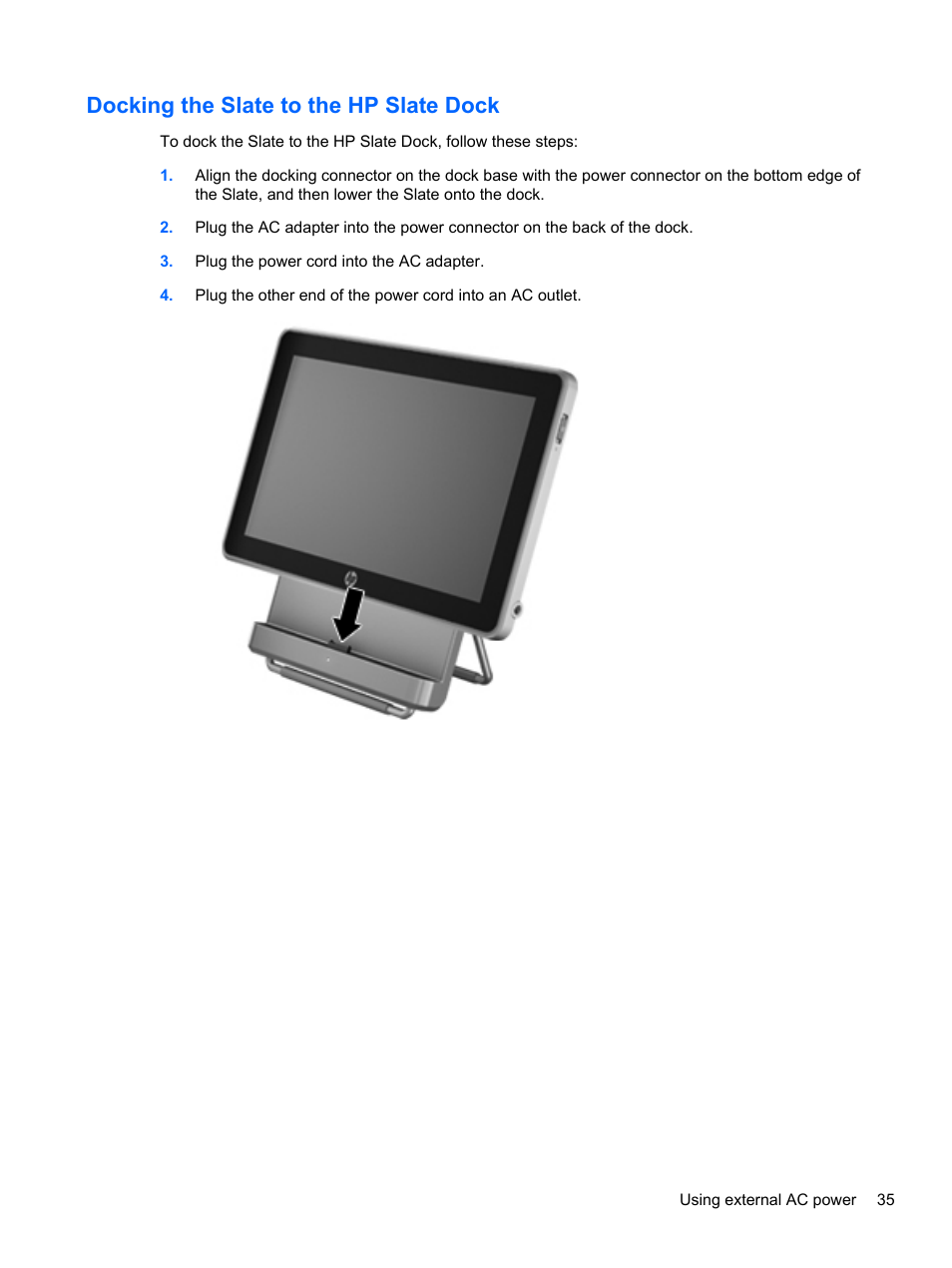 Docking the slate to the hp slate dock | HP Slate 500 Tablet PC User Manual | Page 43 / 64