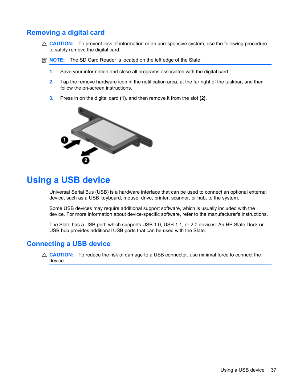 Removing a digital card, Using a usb device, Connecting a usb device | HP Slate 500 Tablet PC User Manual | Page 45 / 64