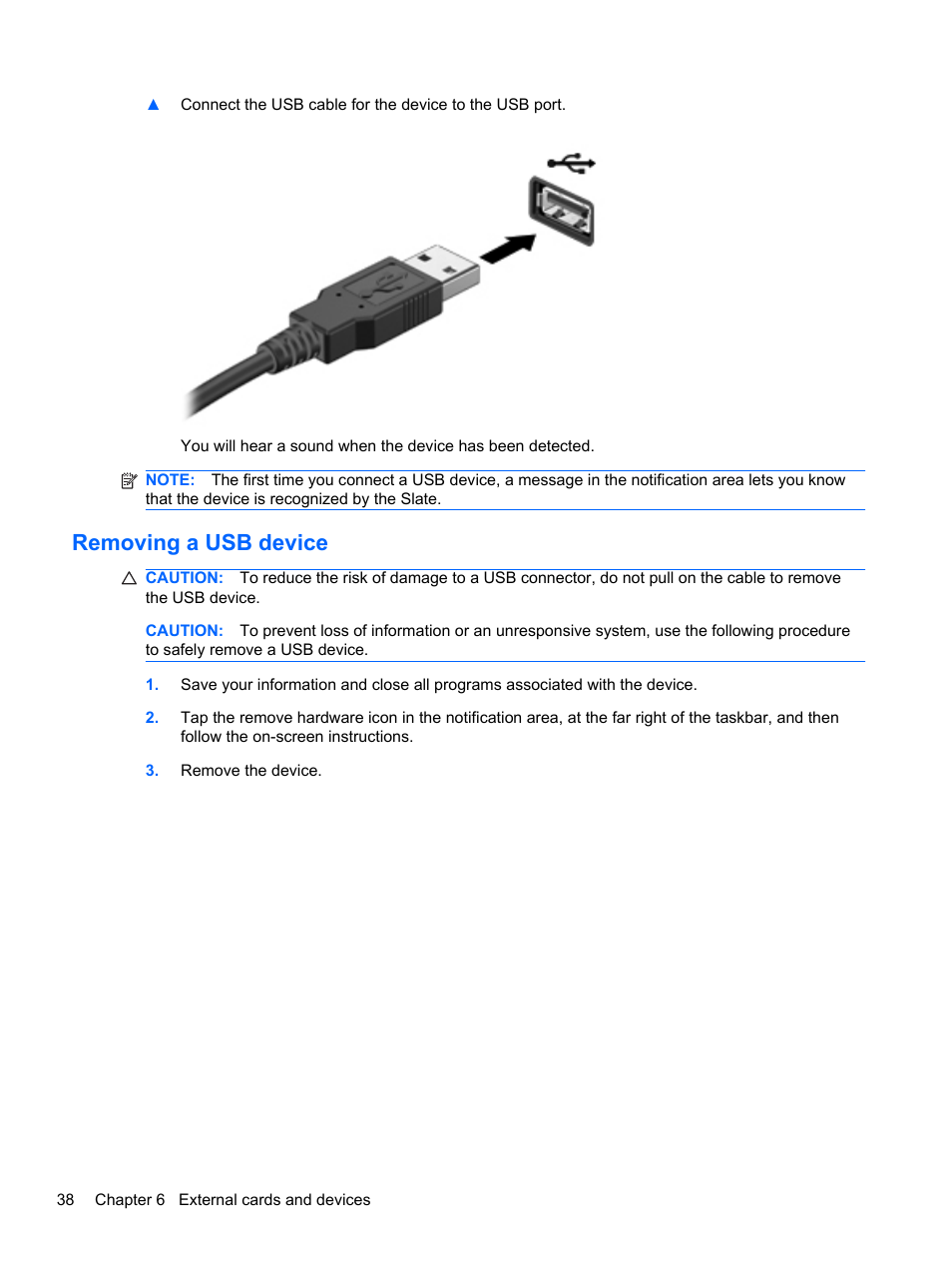 Removing a usb device | HP Slate 500 Tablet PC User Manual | Page 46 / 64