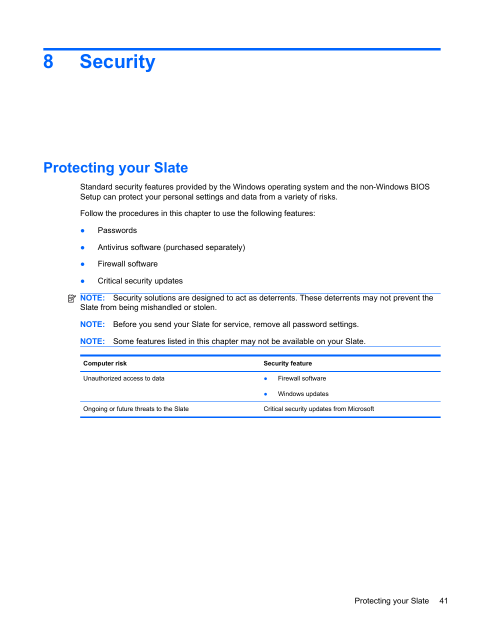 Security, Protecting your slate, 8 security | 8security | HP Slate 500 Tablet PC User Manual | Page 49 / 64