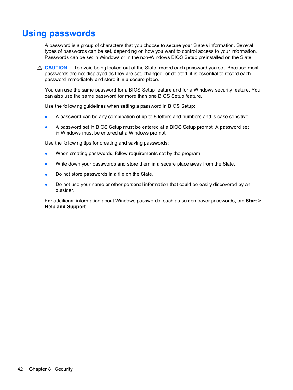 Using passwords | HP Slate 500 Tablet PC User Manual | Page 50 / 64