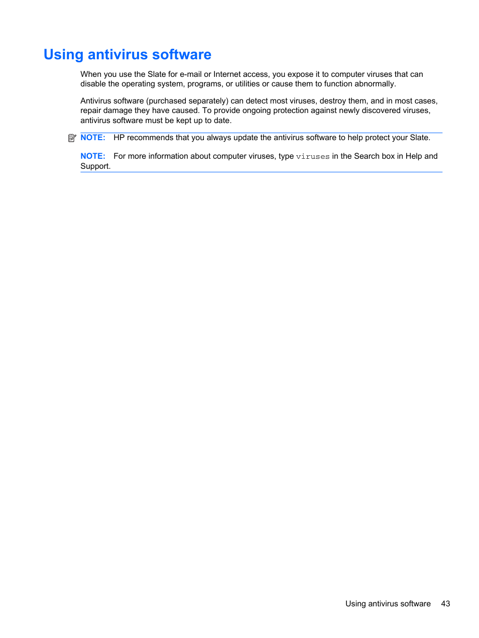 Using antivirus software | HP Slate 500 Tablet PC User Manual | Page 51 / 64