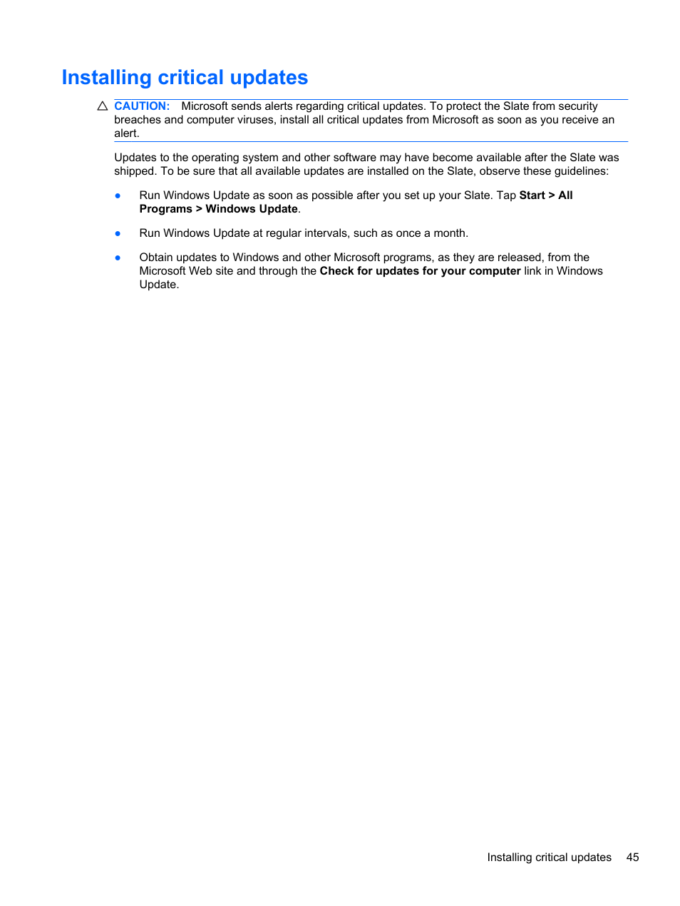 Installing critical updates | HP Slate 500 Tablet PC User Manual | Page 53 / 64