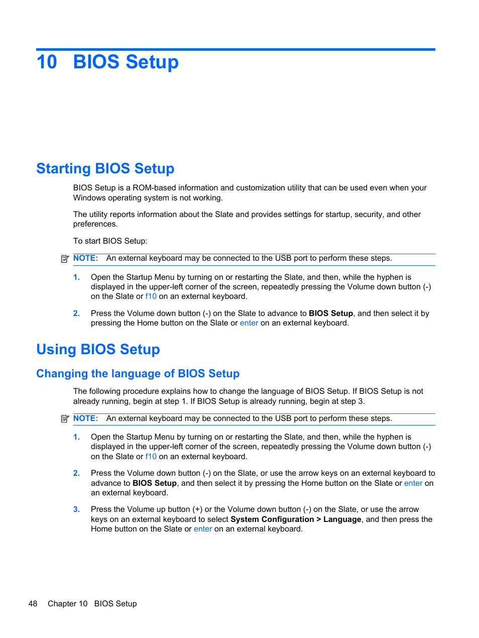 Bios setup, Starting bios setup, Using bios setup | Changing the language of bios setup, 10 bios setup, Starting bios setup using bios setup | HP Slate 500 Tablet PC User Manual | Page 56 / 64