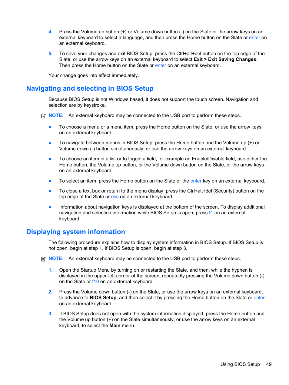 Navigating and selecting in bios setup, Displaying system information | HP Slate 500 Tablet PC User Manual | Page 57 / 64
