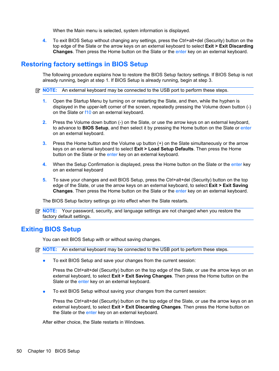Restoring factory settings in bios setup, Exiting bios setup | HP Slate 500 Tablet PC User Manual | Page 58 / 64