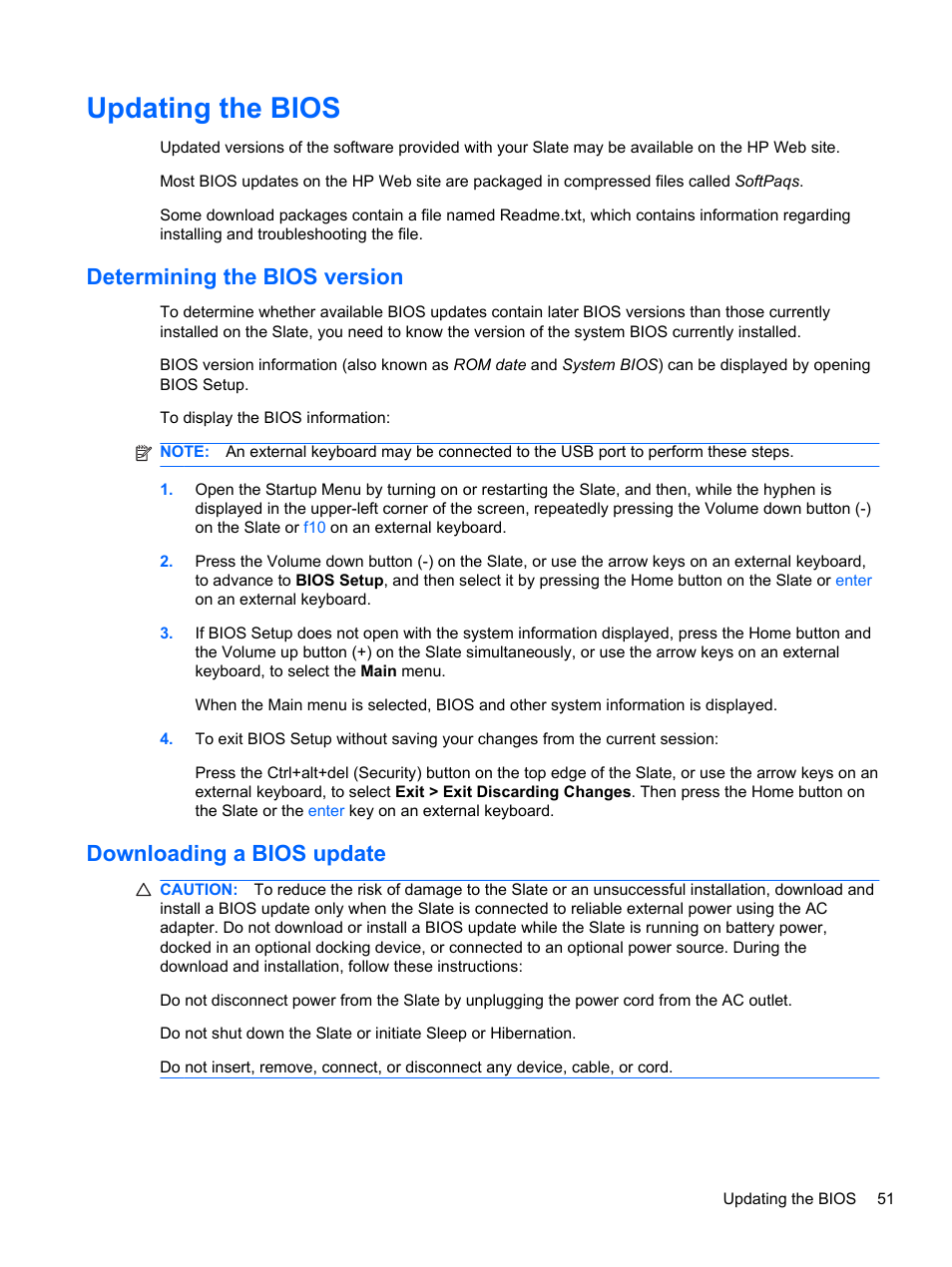 Updating the bios, Determining the bios version, Downloading a bios update | HP Slate 500 Tablet PC User Manual | Page 59 / 64