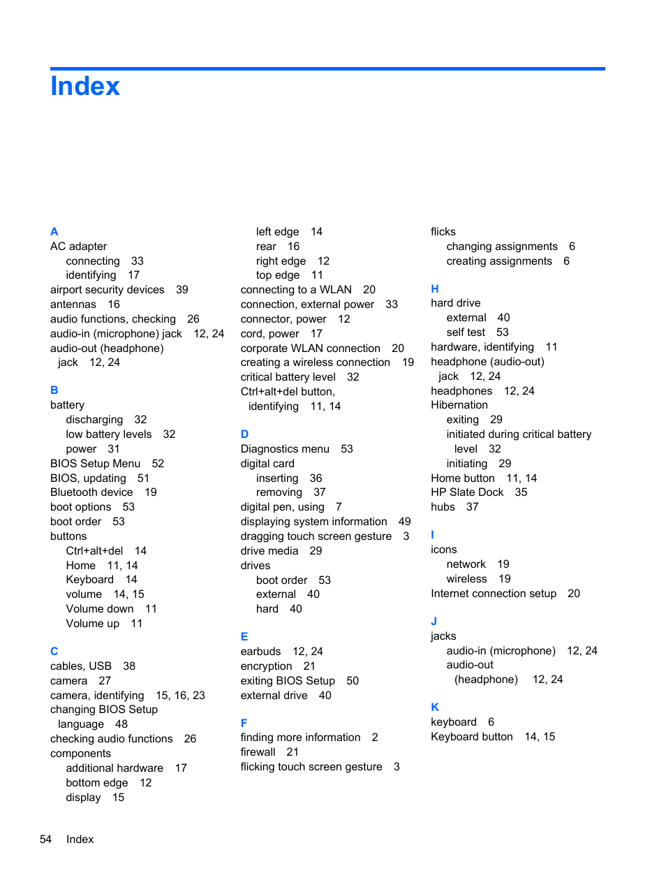 Index | HP Slate 500 Tablet PC User Manual | Page 62 / 64