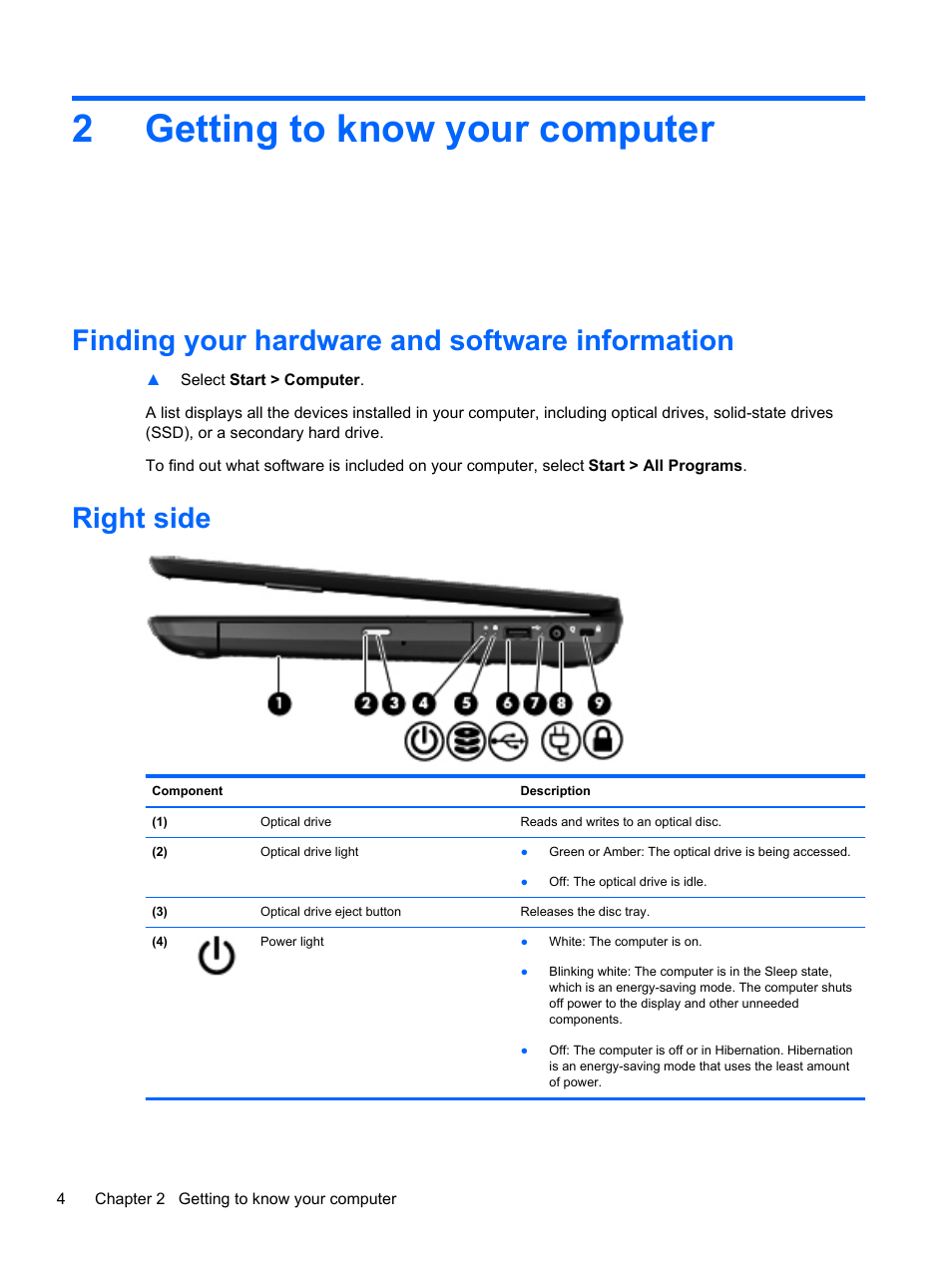 Getting to know your computer, Finding your hardware and software information, Right side | 2 getting to know your computer, 2getting to know your computer | HP Pavilion g6-2123us Notebook PC User Manual | Page 14 / 100