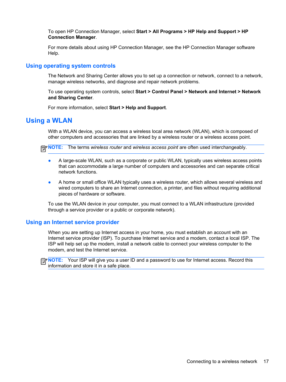 Using operating system controls, Using a wlan, Using an internet service provider | HP Pavilion g6-2123us Notebook PC User Manual | Page 27 / 100