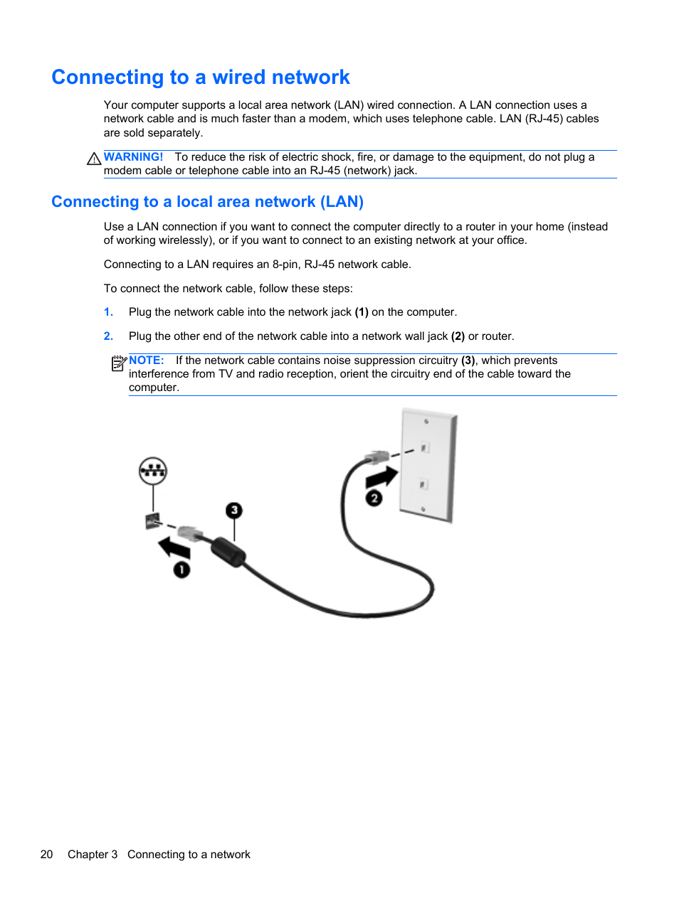 Connecting to a wired network, Connecting to a local area network (lan) | HP Pavilion g6-2123us Notebook PC User Manual | Page 30 / 100