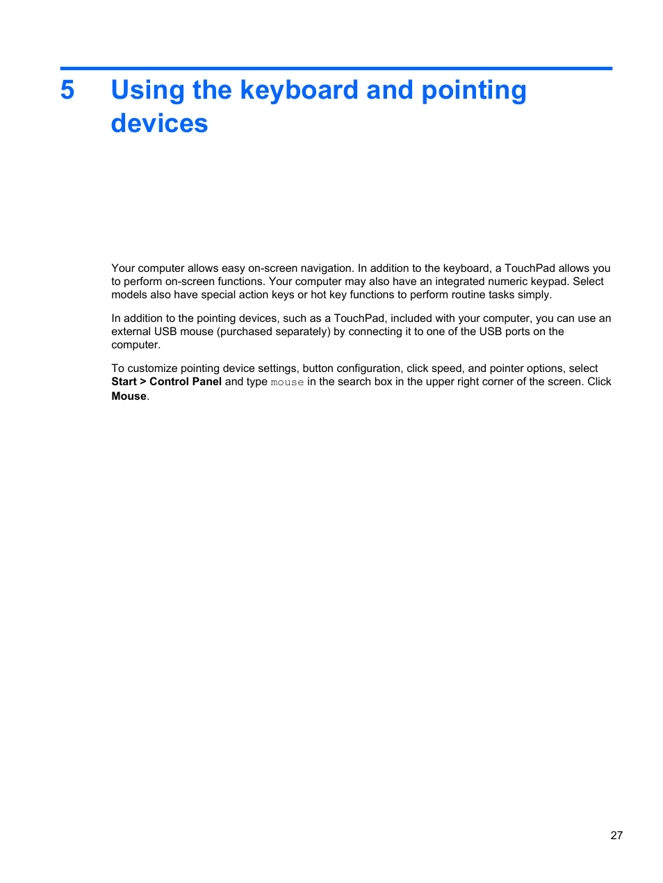 Using the keyboard and pointing devices, 5 using the keyboard and pointing devices, 5using the keyboard and pointing devices | HP Pavilion g6-2123us Notebook PC User Manual | Page 37 / 100