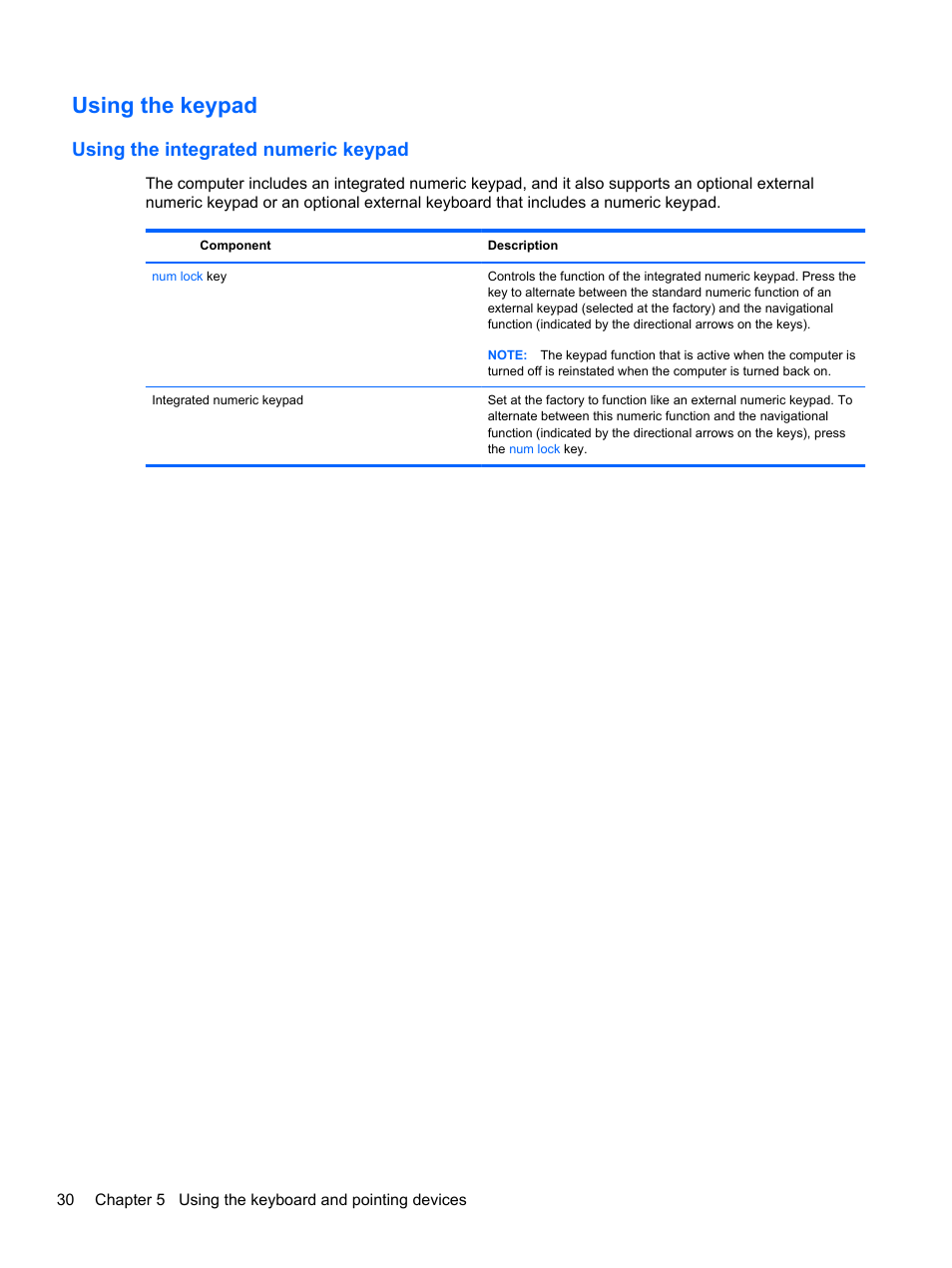 Using the keypad, Using the integrated numeric keypad | HP Pavilion g6-2123us Notebook PC User Manual | Page 40 / 100