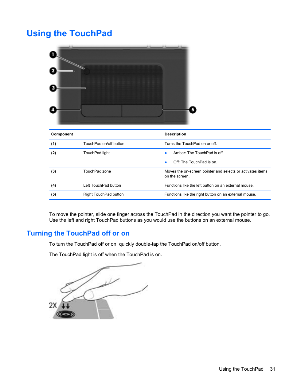 Using the touchpad, Turning the touchpad off or on | HP Pavilion g6-2123us Notebook PC User Manual | Page 41 / 100