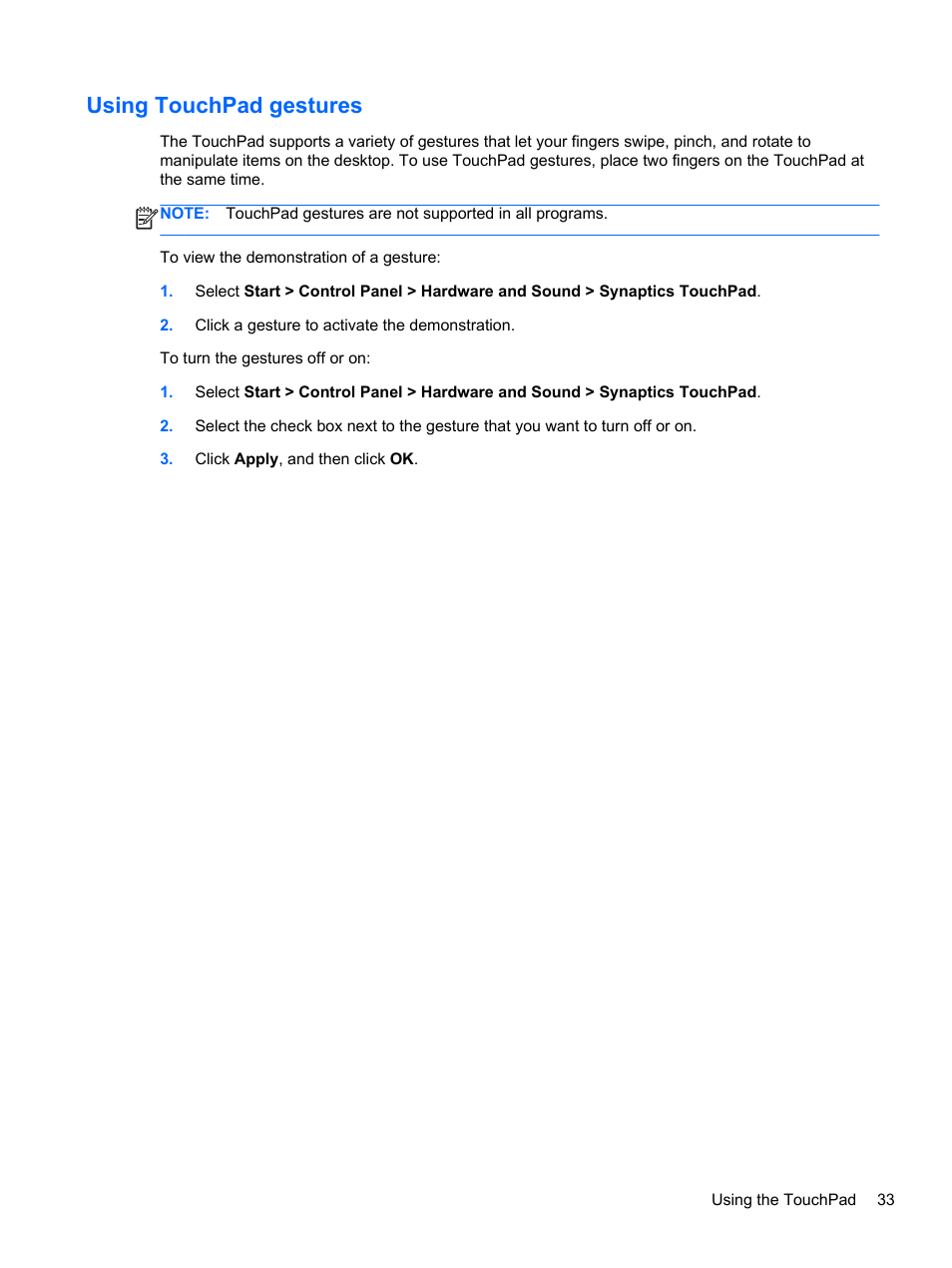 Using touchpad gestures | HP Pavilion g6-2123us Notebook PC User Manual | Page 43 / 100