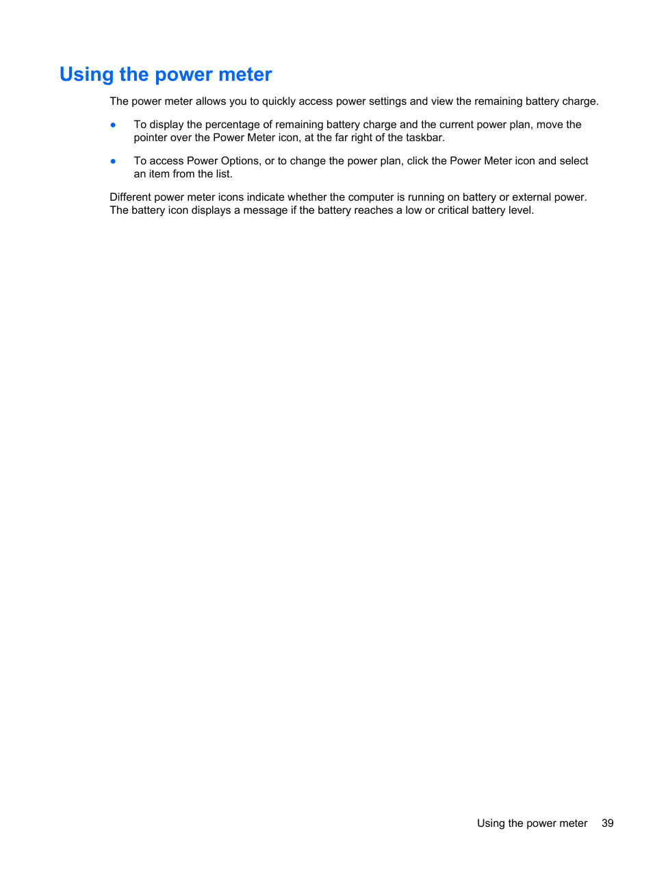 Using the power meter | HP Pavilion g6-2123us Notebook PC User Manual | Page 49 / 100