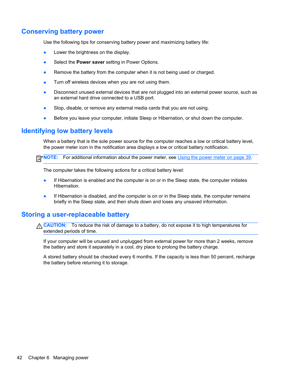 Conserving battery power, Identifying low battery levels, Storing a user-replaceable battery | HP Pavilion g6-2123us Notebook PC User Manual | Page 52 / 100