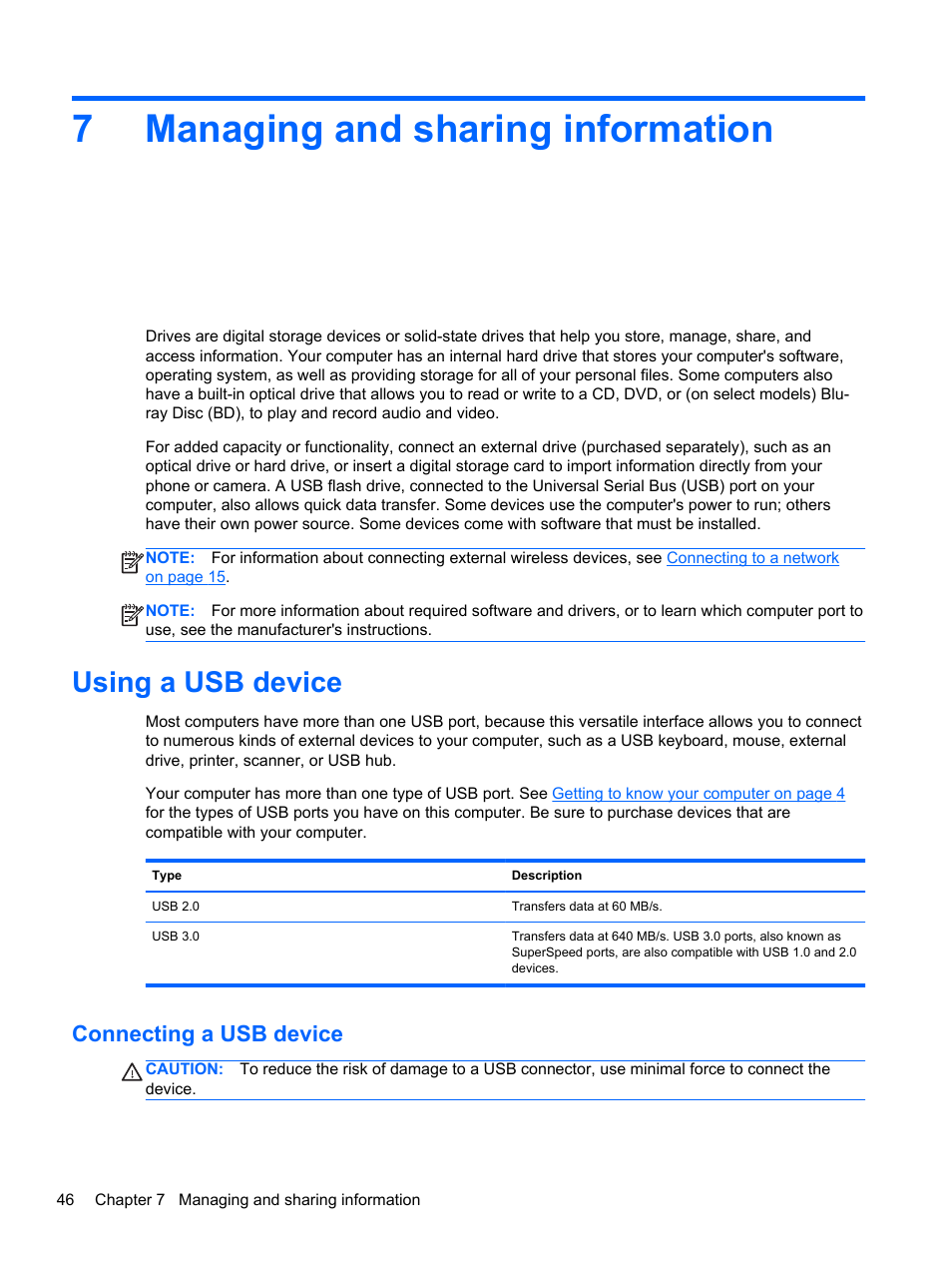 Managing and sharing information, Using a usb device, Connecting a usb device | 7 managing and sharing information, 7managing and sharing information | HP Pavilion g6-2123us Notebook PC User Manual | Page 56 / 100