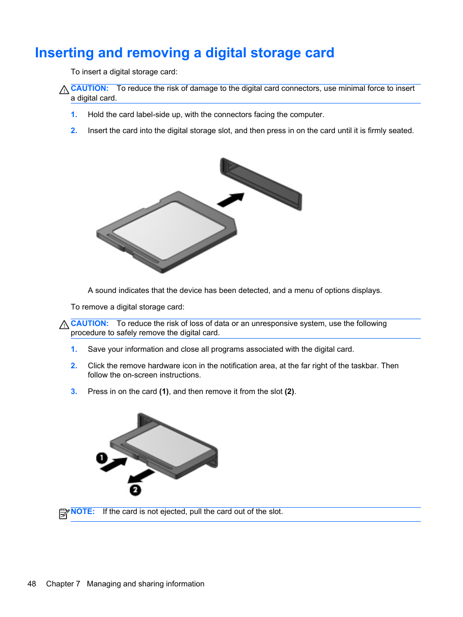 Inserting and removing a digital storage card | HP Pavilion g6-2123us Notebook PC User Manual | Page 58 / 100