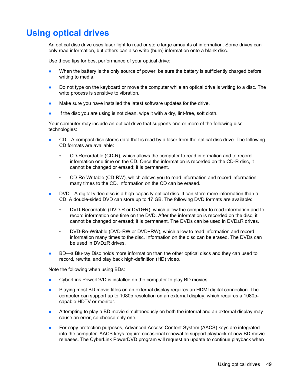 Using optical drives | HP Pavilion g6-2123us Notebook PC User Manual | Page 59 / 100