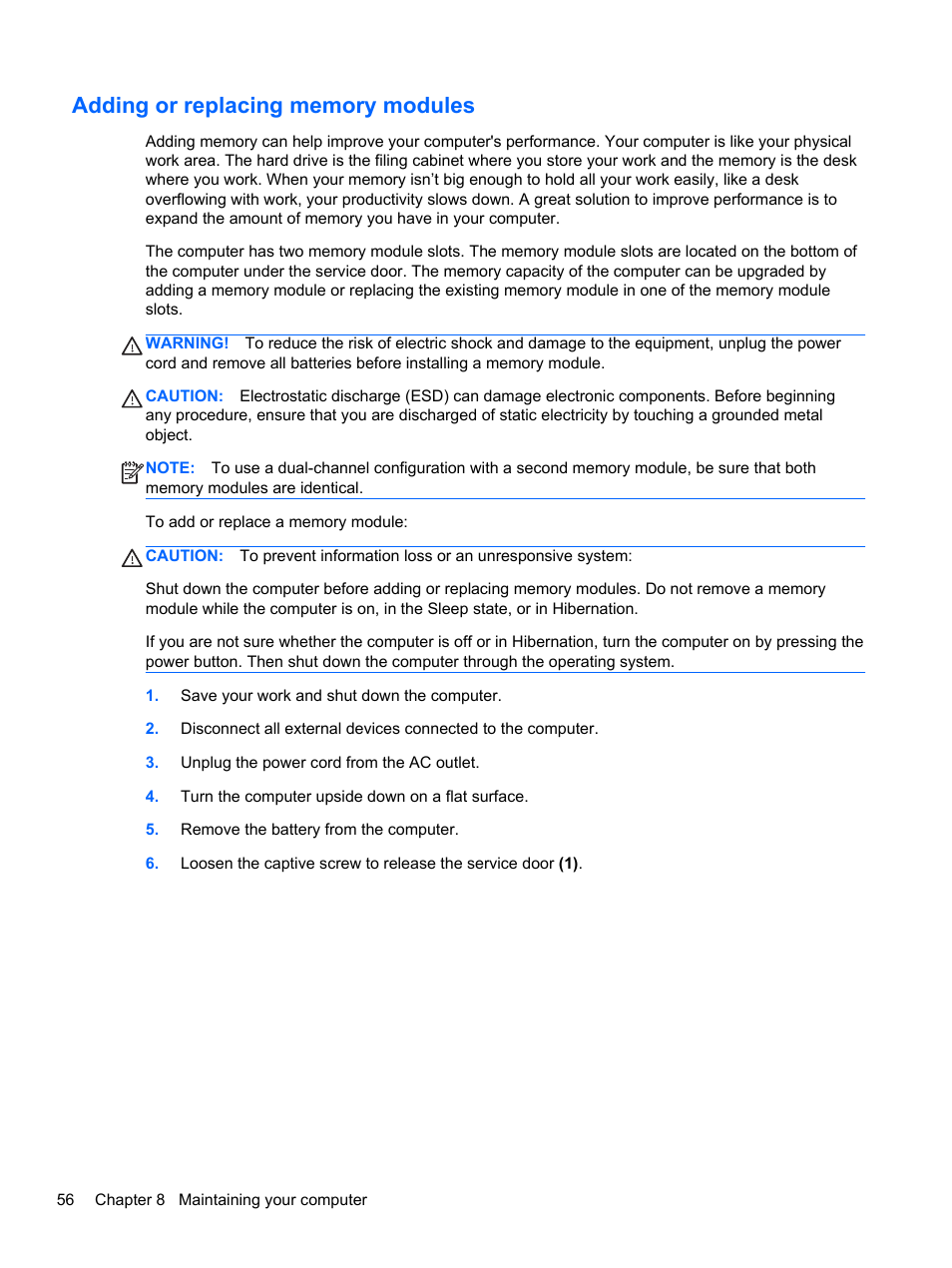 Adding or replacing memory modules | HP Pavilion g6-2123us Notebook PC User Manual | Page 66 / 100
