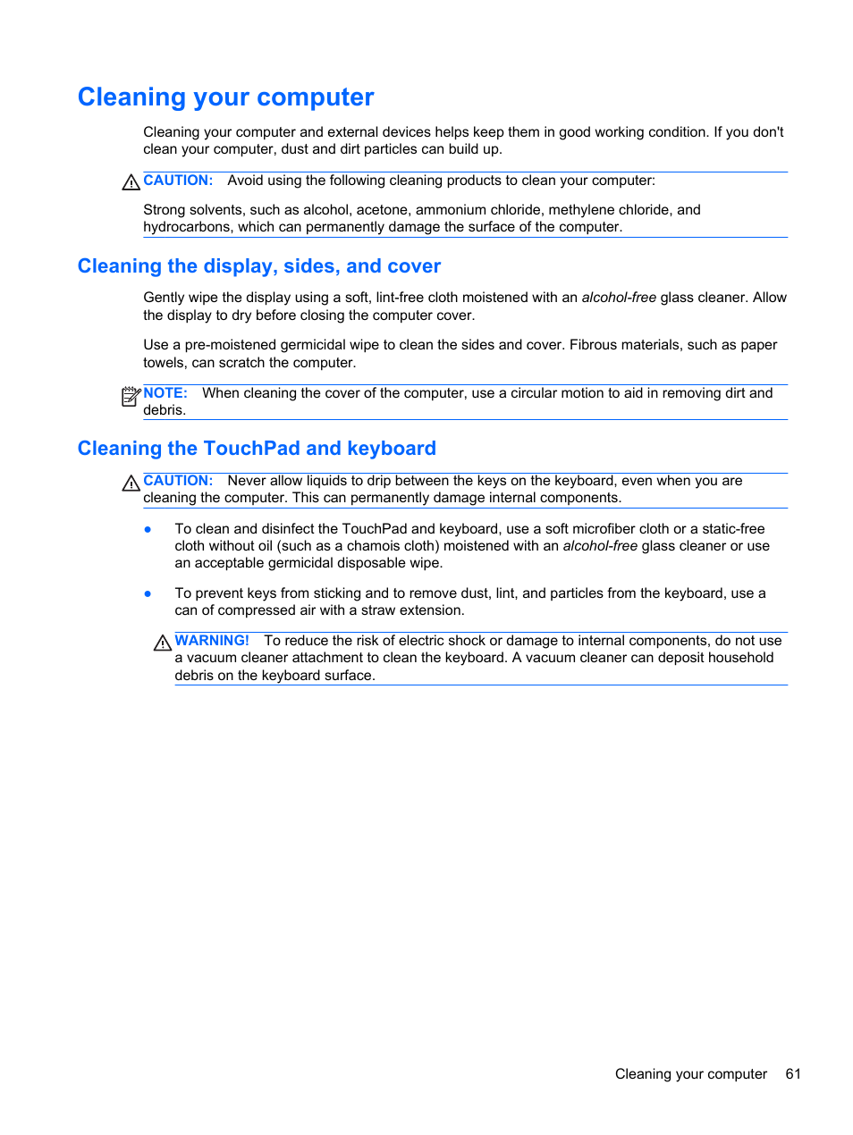 Cleaning your computer, Cleaning the display, sides, and cover, Cleaning the touchpad and keyboard | HP Pavilion g6-2123us Notebook PC User Manual | Page 71 / 100