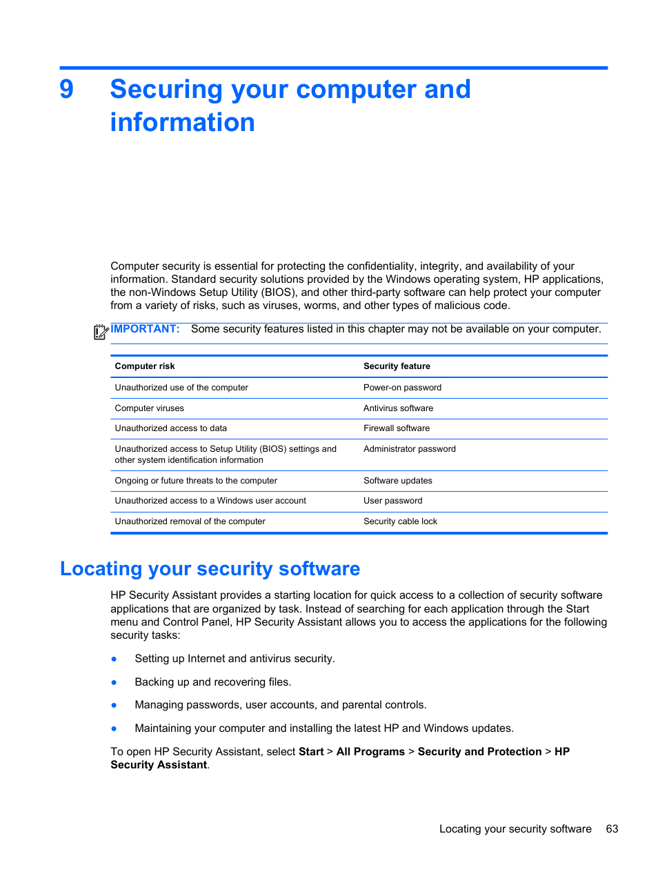 Securing your computer and information, Locating your security software, 9 securing your computer and information | 9securing your computer and information | HP Pavilion g6-2123us Notebook PC User Manual | Page 73 / 100