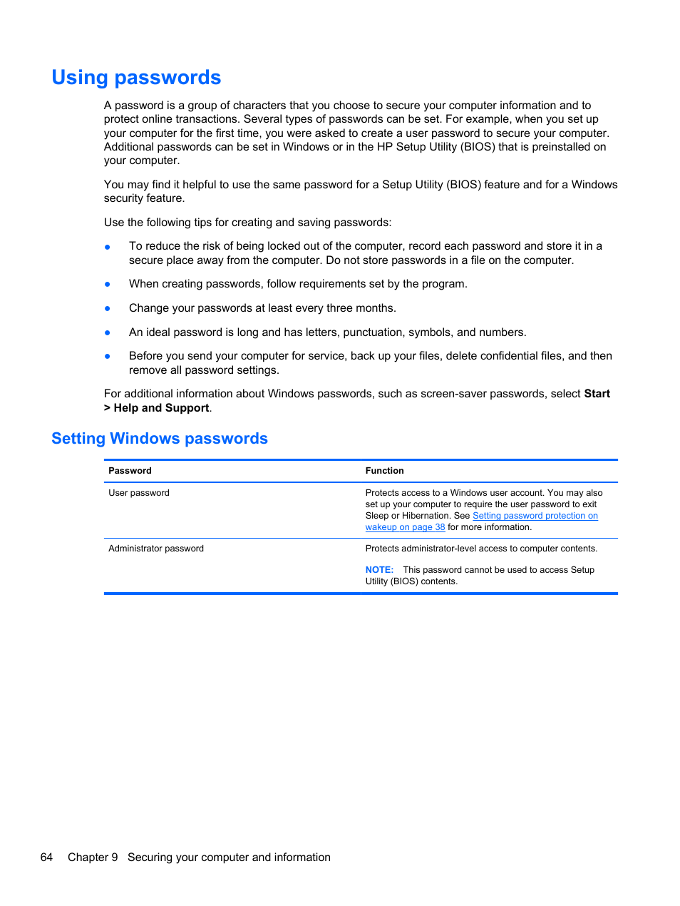Using passwords, Setting windows passwords | HP Pavilion g6-2123us Notebook PC User Manual | Page 74 / 100