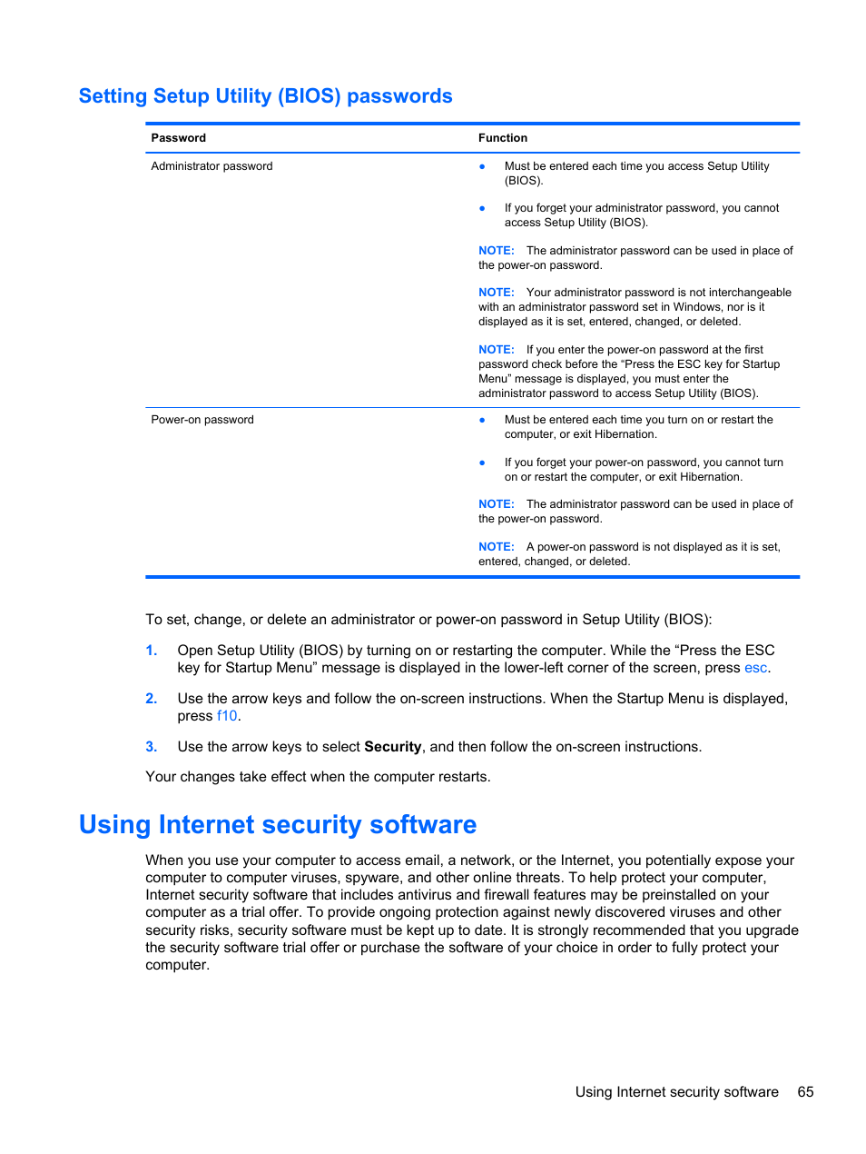 Setting setup utility (bios) passwords, Using internet security software | HP Pavilion g6-2123us Notebook PC User Manual | Page 75 / 100