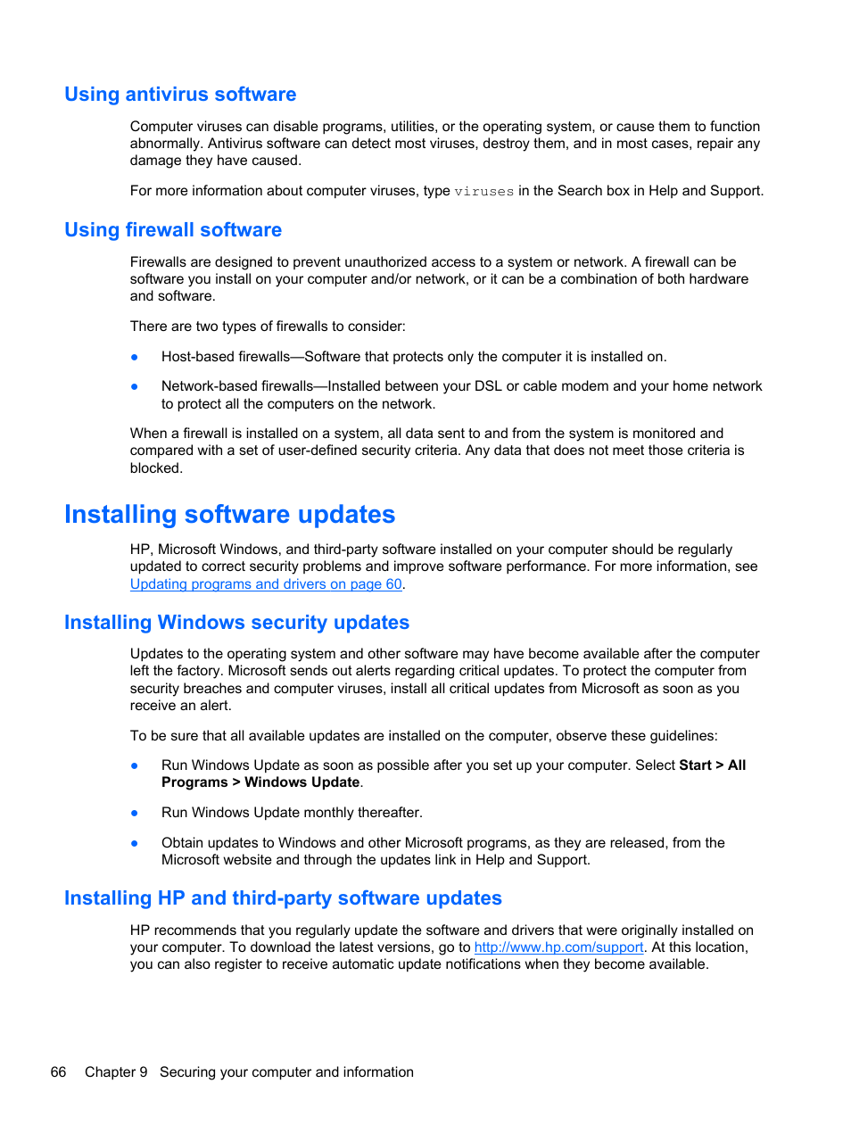 Using antivirus software, Using firewall software, Installing software updates | Installing windows security updates, Installing hp and third-party software updates, Using antivirus software using firewall software | HP Pavilion g6-2123us Notebook PC User Manual | Page 76 / 100
