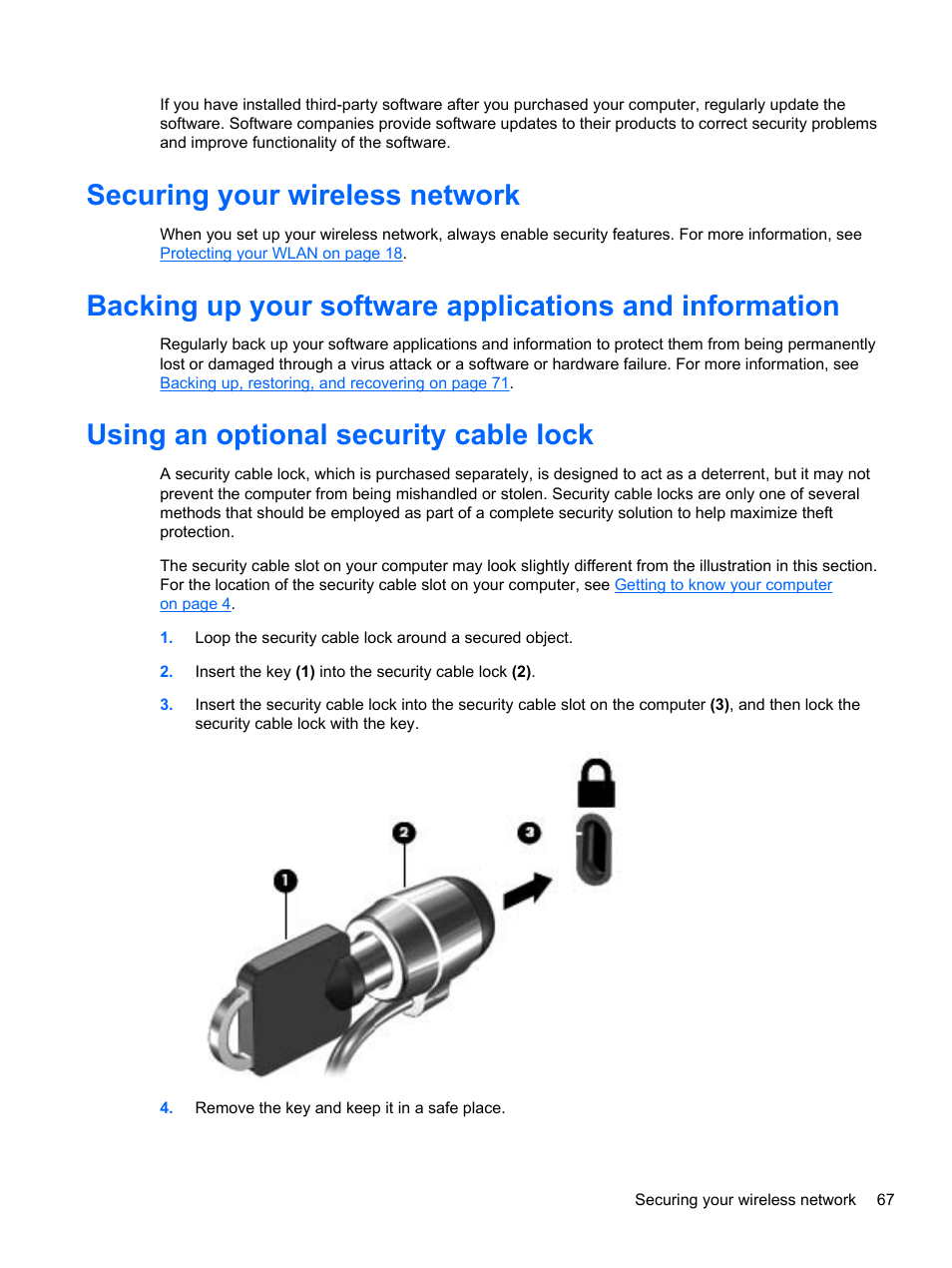 Securing your wireless network, Using an optional security cable lock | HP Pavilion g6-2123us Notebook PC User Manual | Page 77 / 100