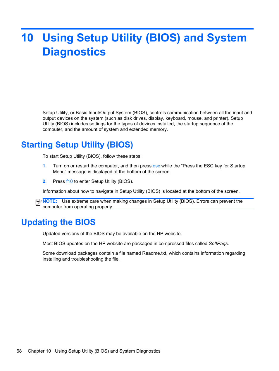 Using setup utility (bios) and system diagnostics, Starting setup utility (bios), Updating the bios | Starting setup utility (bios) updating the bios | HP Pavilion g6-2123us Notebook PC User Manual | Page 78 / 100