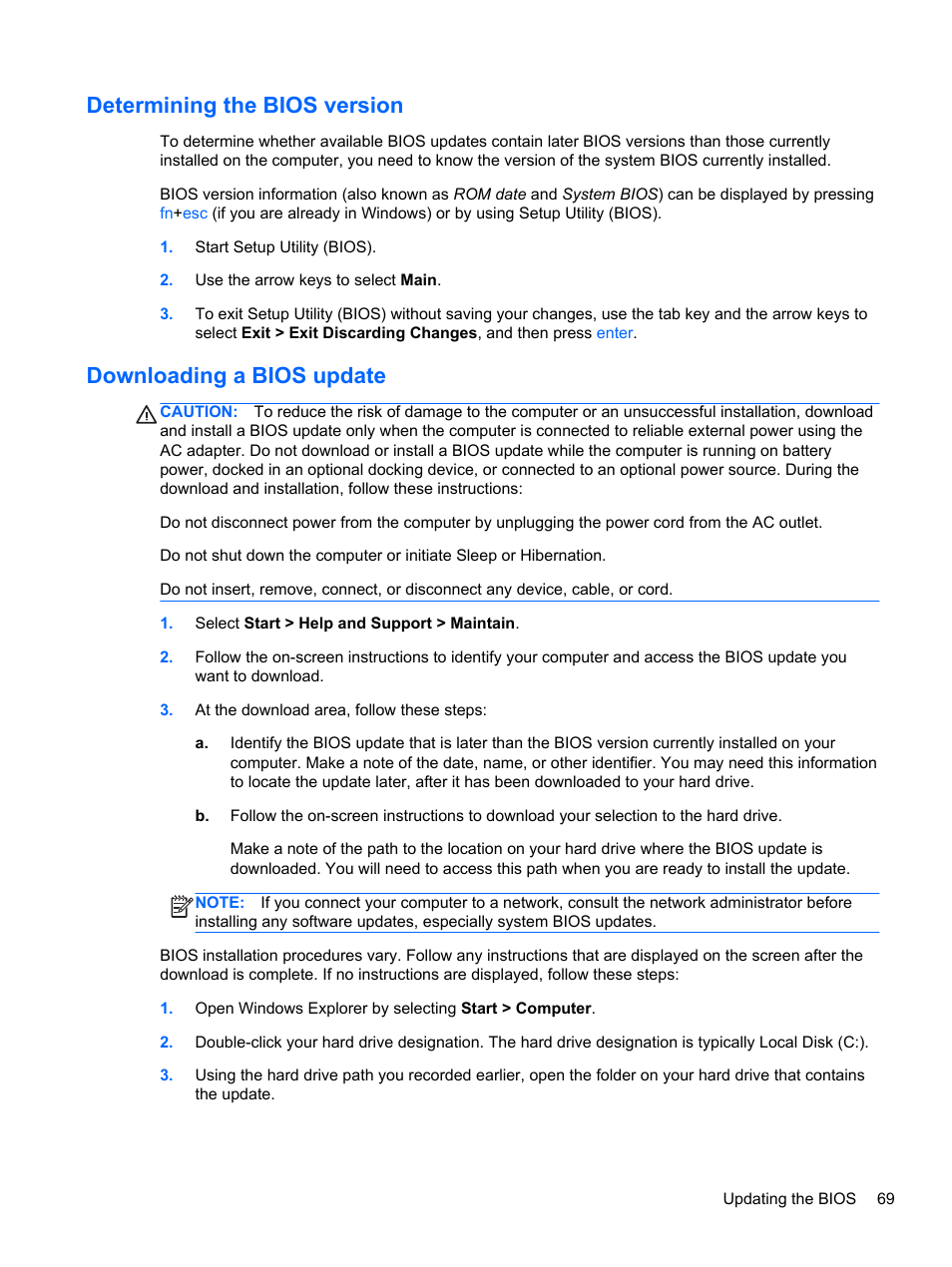 Determining the bios version, Downloading a bios update | HP Pavilion g6-2123us Notebook PC User Manual | Page 79 / 100