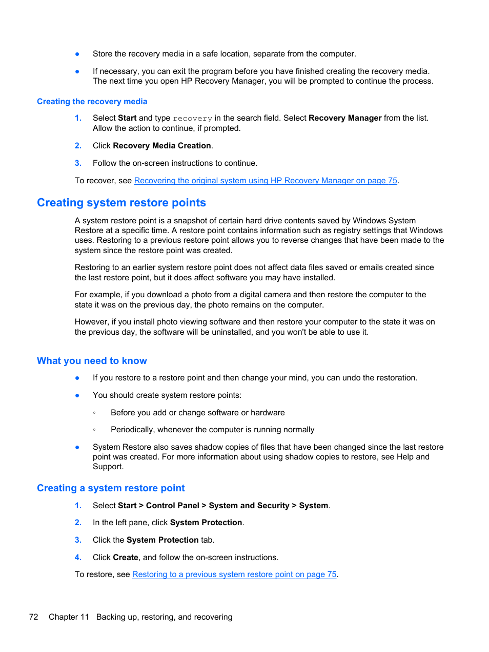 Creating the recovery media, Creating system restore points, What you need to know | Creating a system restore point | HP Pavilion g6-2123us Notebook PC User Manual | Page 82 / 100