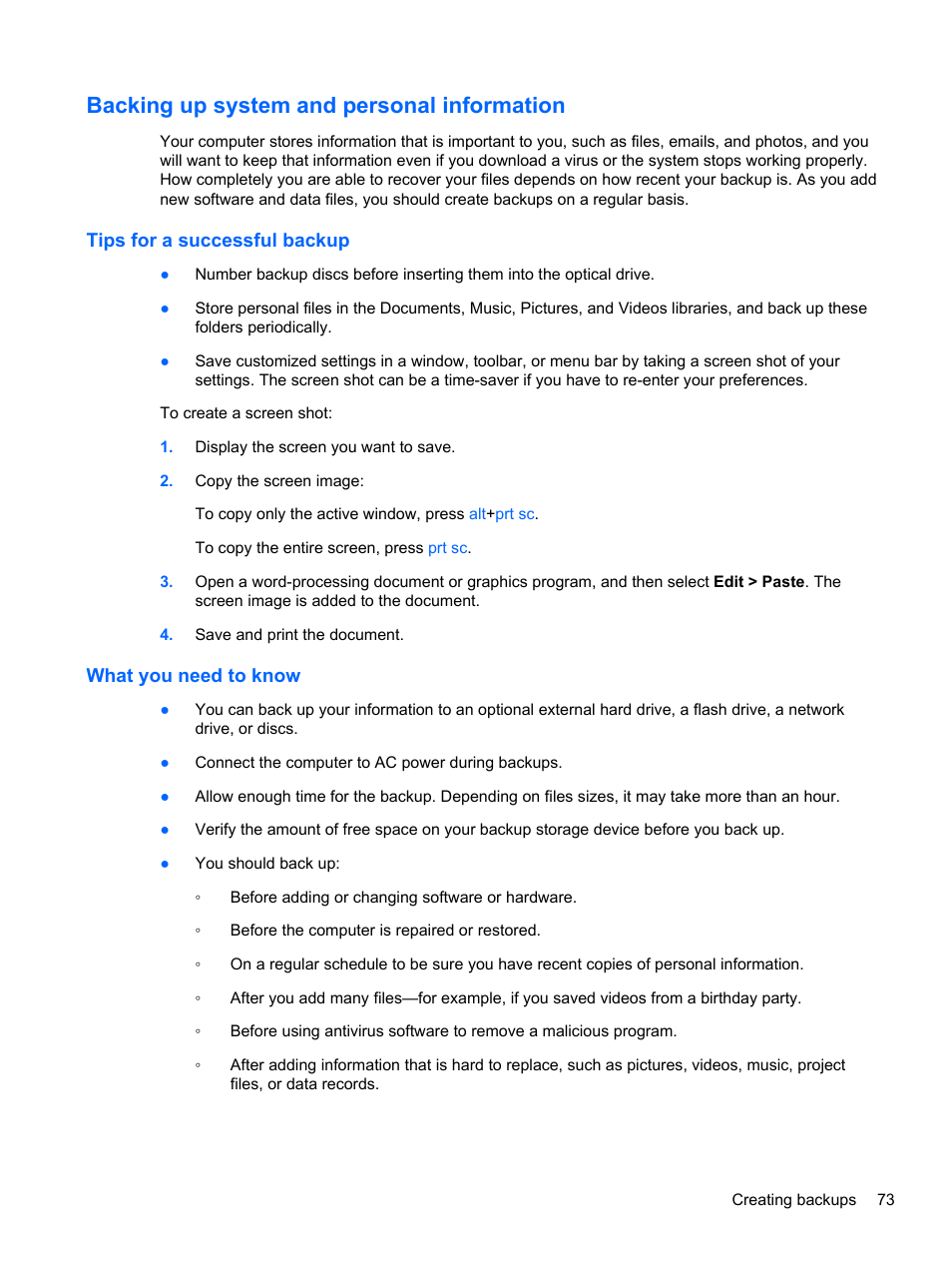 Backing up system and personal information, Tips for a successful backup, What you need to know | Tips for a successful backup what you need to know | HP Pavilion g6-2123us Notebook PC User Manual | Page 83 / 100