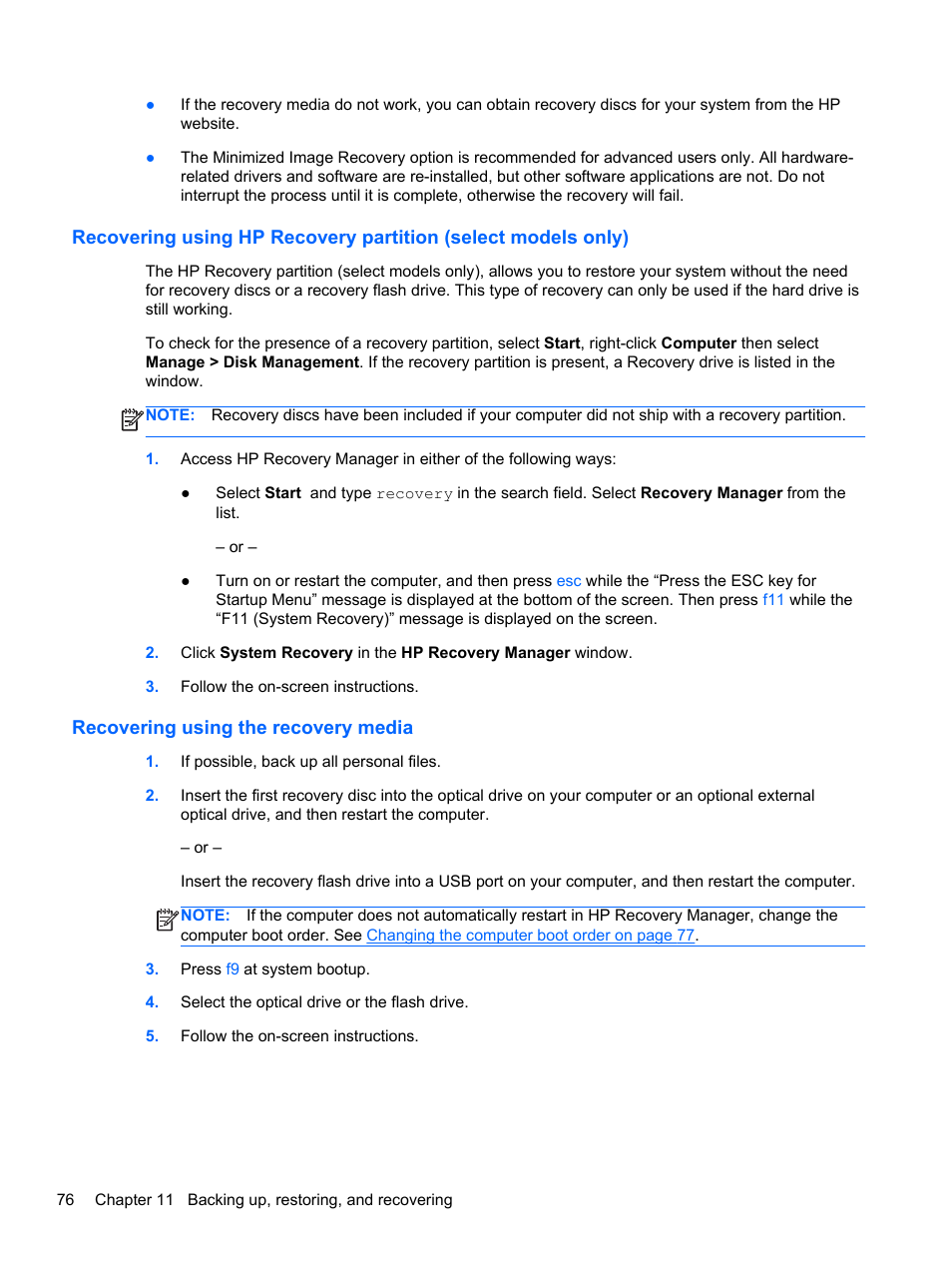 Recovering using the recovery media | HP Pavilion g6-2123us Notebook PC User Manual | Page 86 / 100