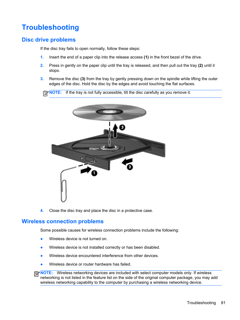 Troubleshooting, Disc drive problems, Wireless connection problems | Disc drive problems wireless connection problems | HP Pavilion g6-2123us Notebook PC User Manual | Page 91 / 100