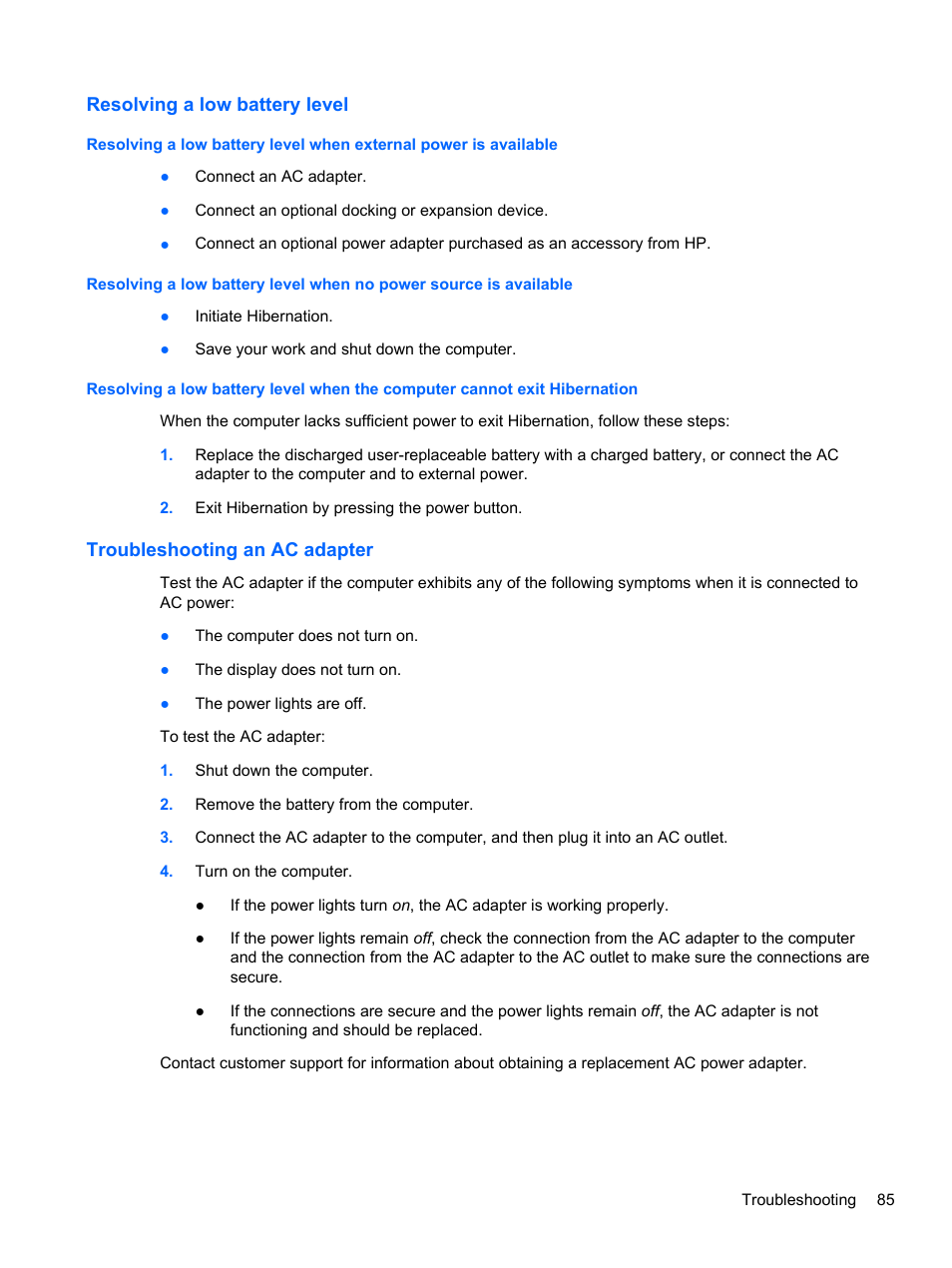 Resolving a low battery level, Troubleshooting an ac adapter | HP Pavilion g6-2123us Notebook PC User Manual | Page 95 / 100