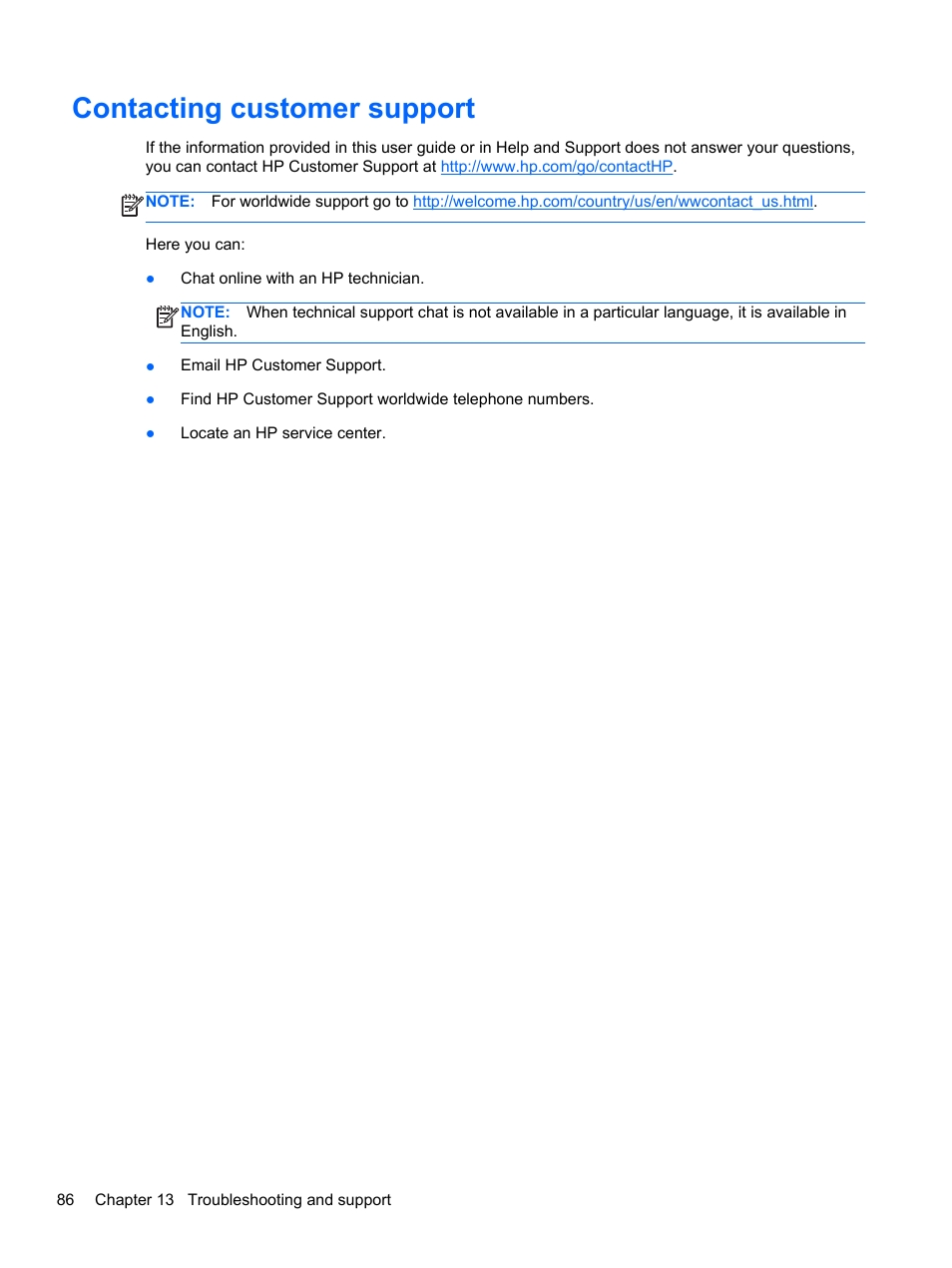 Contacting customer support | HP Pavilion g6-2123us Notebook PC User Manual | Page 96 / 100