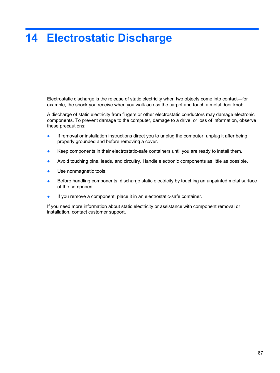 Electrostatic discharge, 14 electrostatic discharge | HP Pavilion g6-2123us Notebook PC User Manual | Page 97 / 100
