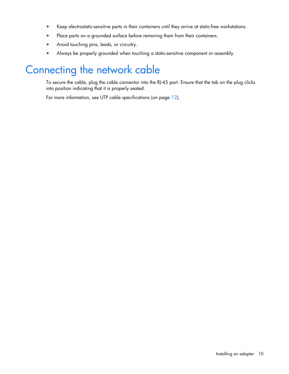 Connecting the network cable | HP NC110T PCI Express Gigabit Server Adapter User Manual | Page 10 / 20