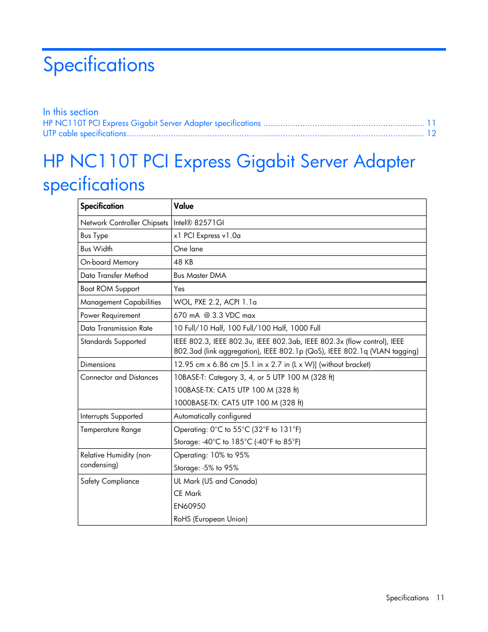 Specifications | HP NC110T PCI Express Gigabit Server Adapter User Manual | Page 11 / 20
