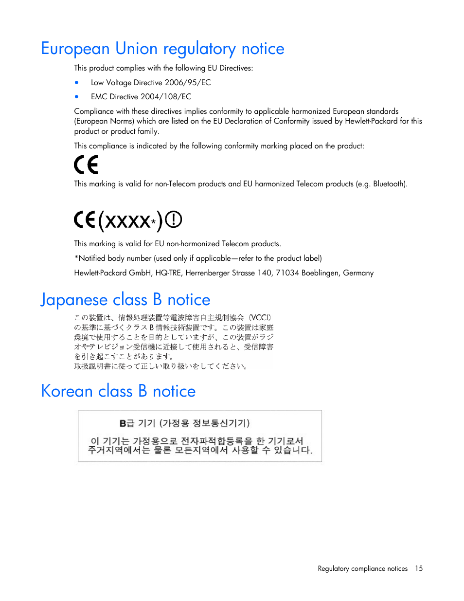 European union regulatory notice, Japanese class b notice, Korean class b notice | HP NC110T PCI Express Gigabit Server Adapter User Manual | Page 15 / 20