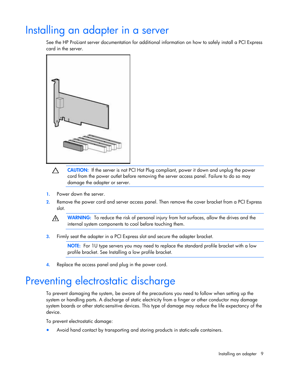 Installing an adapter in a server, Preventing electrostatic discharge, 9 preventing electrostatic discharge | HP NC110T PCI Express Gigabit Server Adapter User Manual | Page 9 / 20