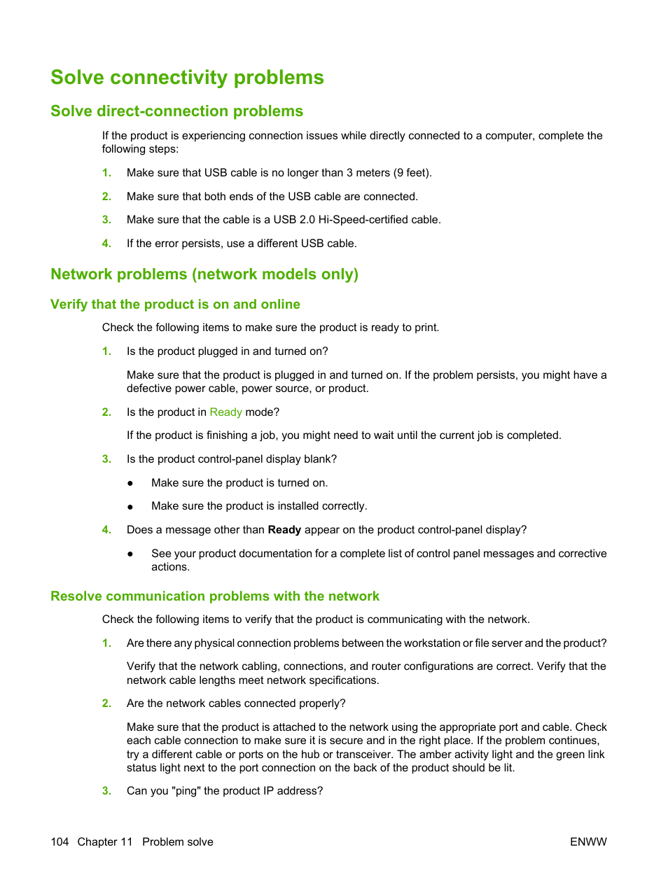 Solve connectivity problems, Solve direct-connection problems, Network problems (network models only) | Verify that the product is on and online, Resolve communication problems with the network | HP LaserJet M1120 Multifunction Printer User Manual | Page 114 / 150