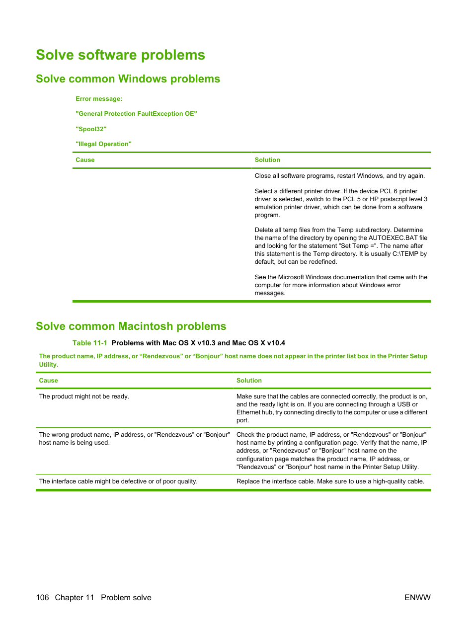 Solve software problems, Solve common windows problems, Solve common macintosh problems | HP LaserJet M1120 Multifunction Printer User Manual | Page 116 / 150